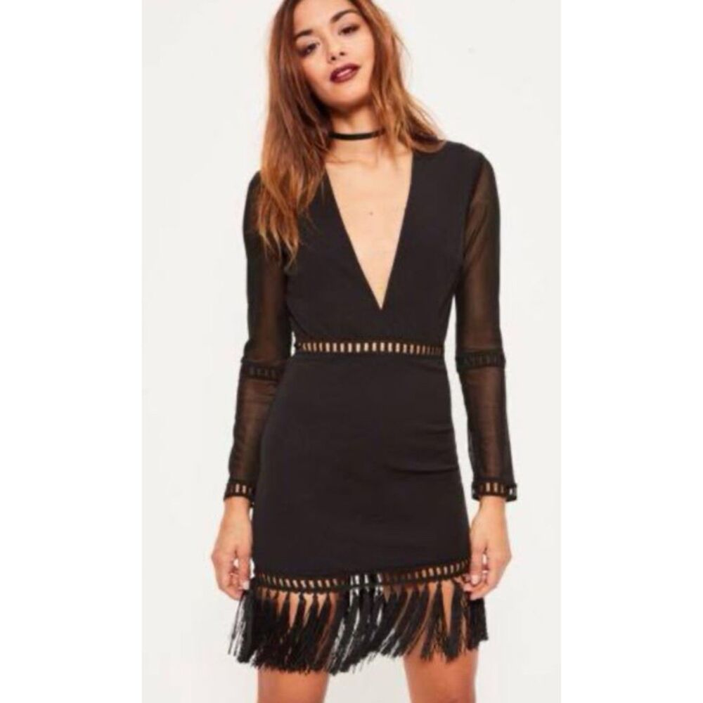 Missguided Women’s Sexy Black Tassel Hem V Plunge Bodycon Mini Dress Size 8